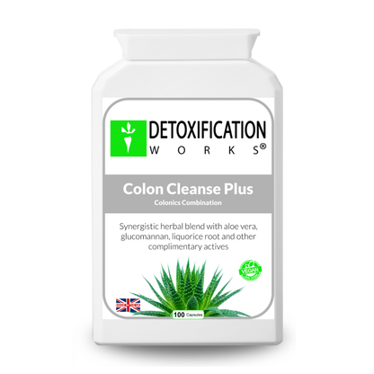 Supplement bottle labeled 'Detoxification Works Colon Cleanse Plus' on a white background