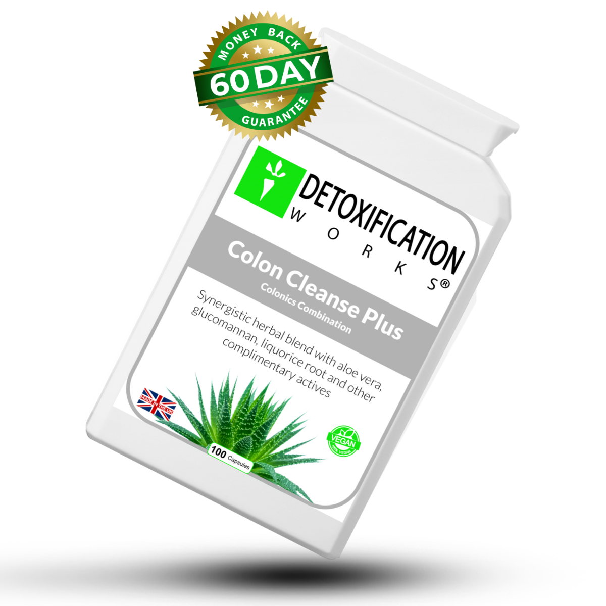 Detoxification Works Colon Cleanse Plus supplement bottle with a money-back guarantee badge on a white background