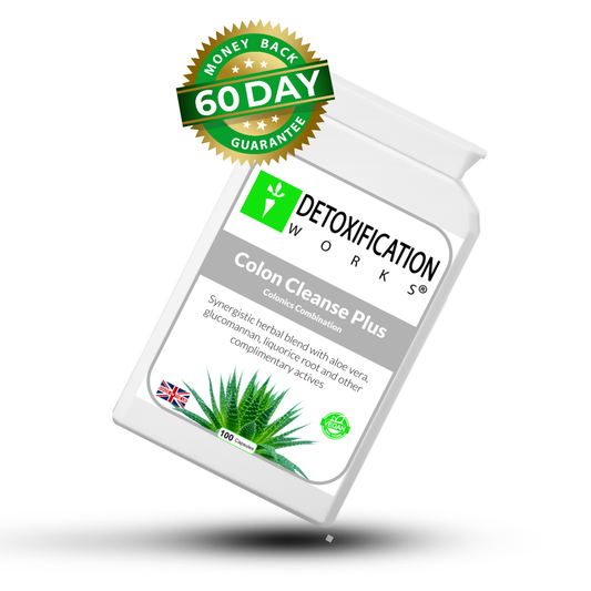 Detoxification Works Colon Cleanse Plus supplement bottle with a money-back guarantee badge on a white background