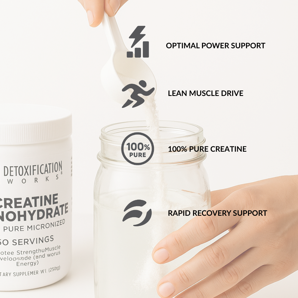Person pouring a scoop of creatine into a jar with product details on a white background