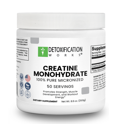Supplement container labeled 'Detoxification Works Creatine Monohydrate' on a white background