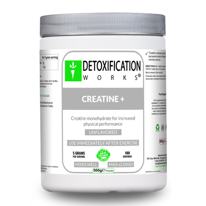 Detoxification Works Creatine Monohydrate Powder 500g unflavored vegan supplement for strength muscle performance and recovery