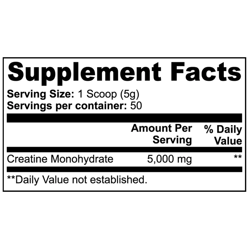 Supplement facts label with creatine monohydrate content on a white background