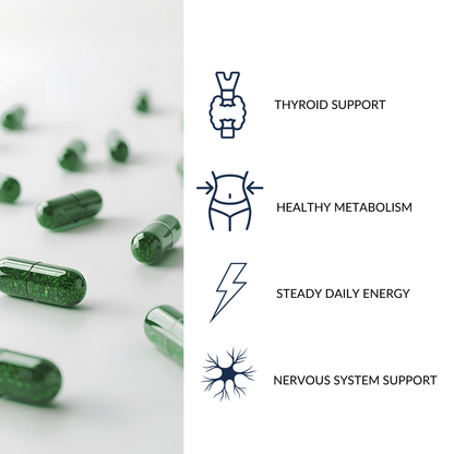 Green capsules on a white background with icons and text about health benefits.