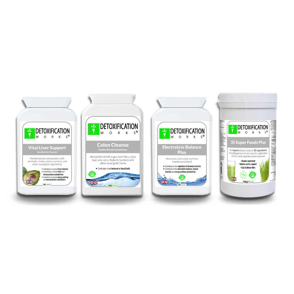 Four detoxification supplement bottles on a white background
