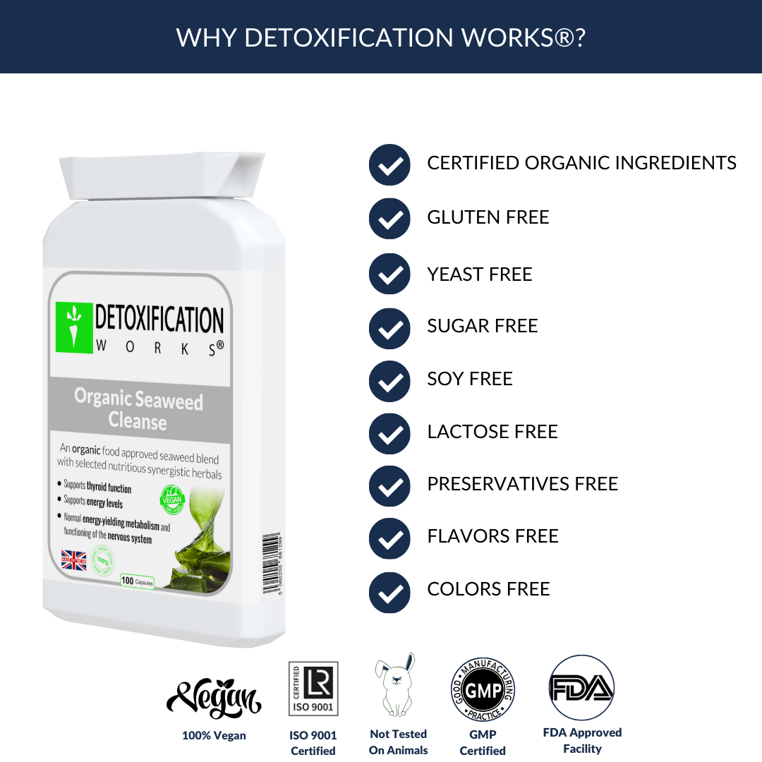 Detoxification Works organic seaweed cleanse packaging with certification logos on a white background