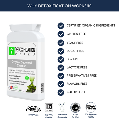 Detoxification Works organic seaweed cleanse packaging with certification logos on a white background