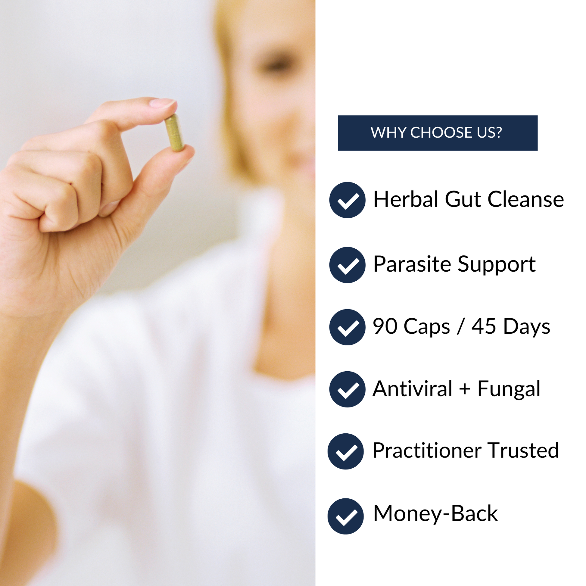 Hand holding a supplement capsule with promotional text about product benefits on a white background