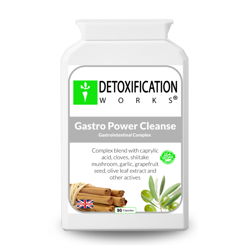 Detoxification Works Gastro Power Cleanse supplement bottle on a white background