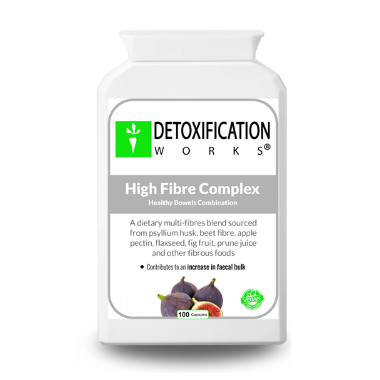 Supplement bottle labeled 'Detoxification Works High Fibre Complex' on a white background
