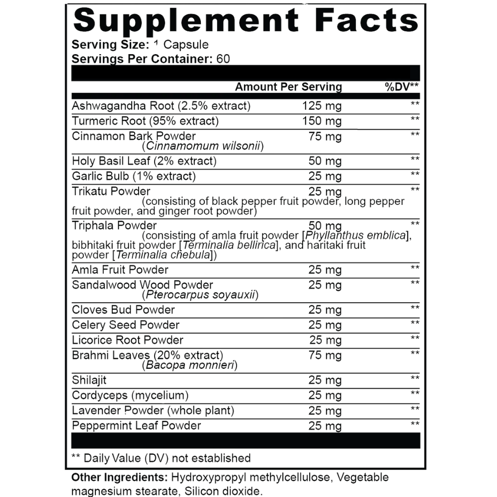 Supplement facts label with various ingredients and their amounts per serving.
