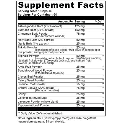 Supplement facts label with various ingredients and their amounts per serving.