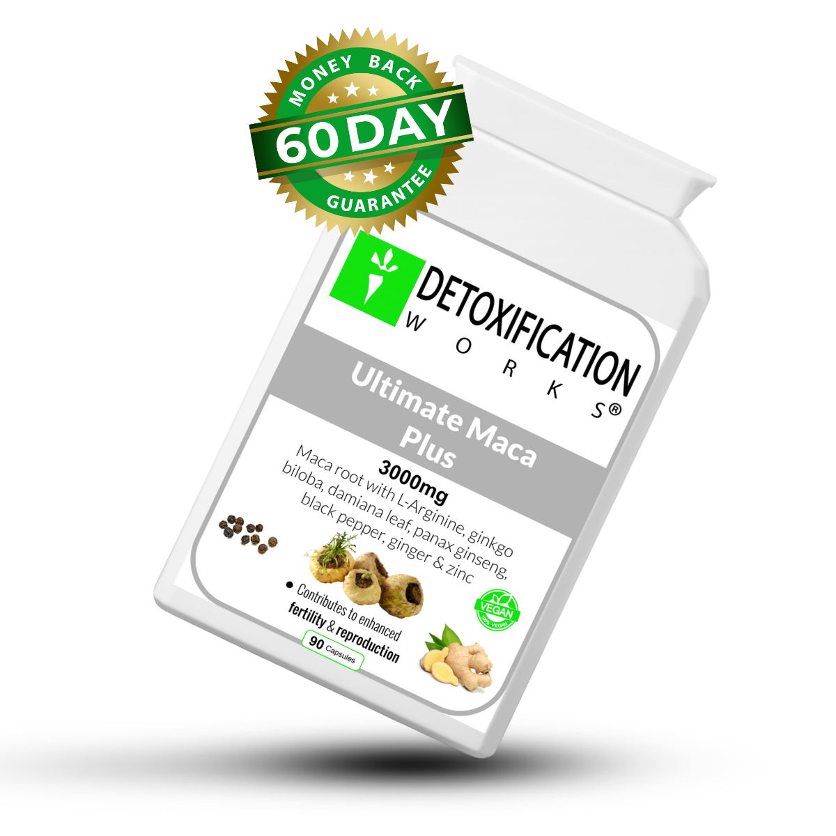 Supplement bottle labeled 'Detoxification Works Ultimate Maca Plus' with a 60-day guarantee badge on a white background.