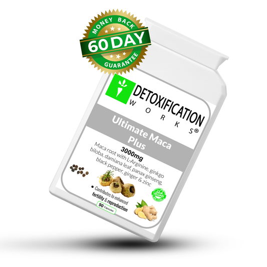 Supplement bottle labeled 'Detoxification Works Ultimate Maca Plus' with a 60-day guarantee badge on a white background.