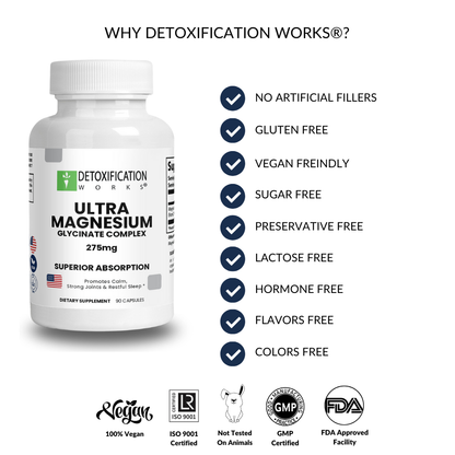 Supplement bottle labeled 'Ultra Magnesium Glycinate Complex' with certification logos and text on a white background.