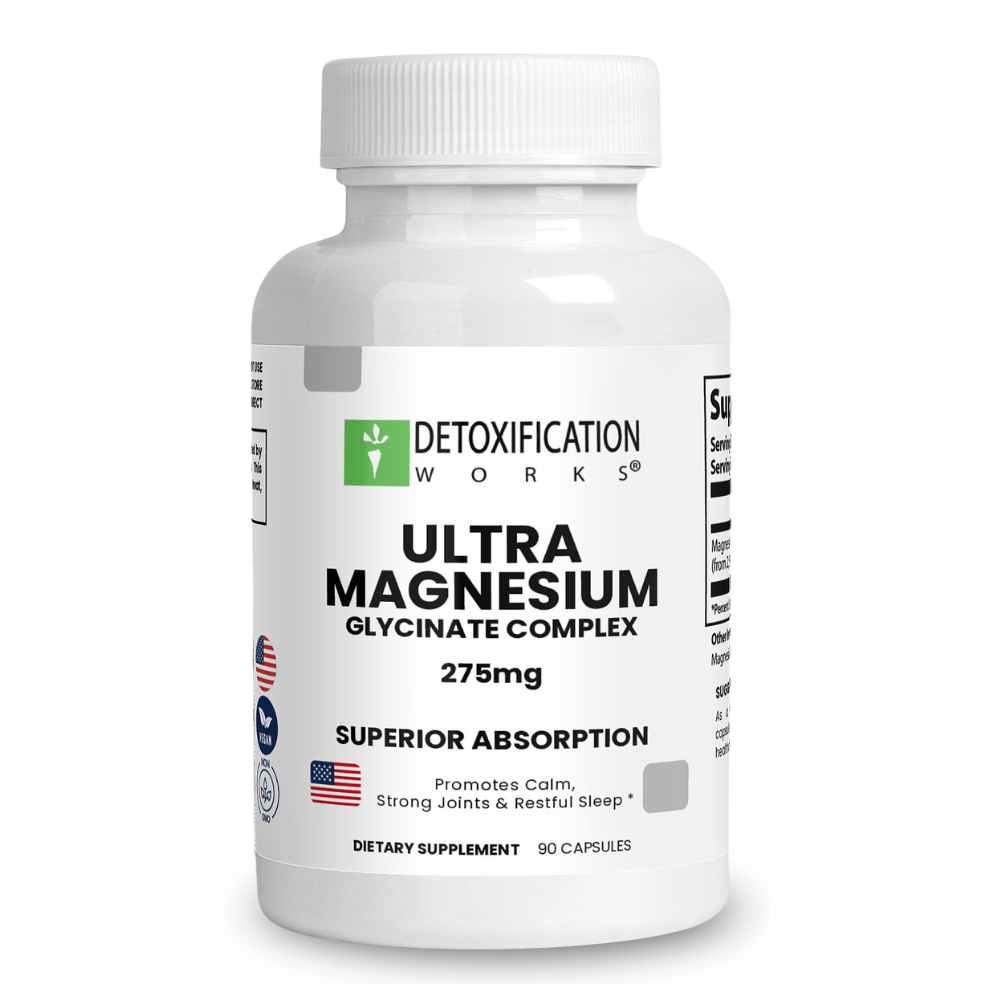 Supplement bottle labeled 'Ultra Magnesium Glycinate Complex' by Detoxification Works on a white background.