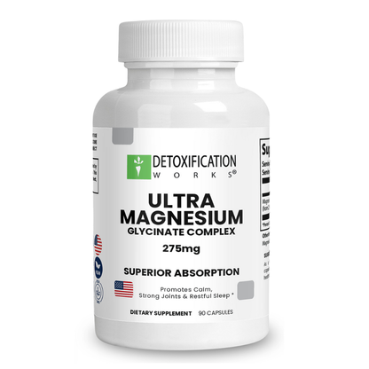 Supplement bottle labeled 'Ultra Magnesium Glycinate Complex' by Detoxification Works on a white background.