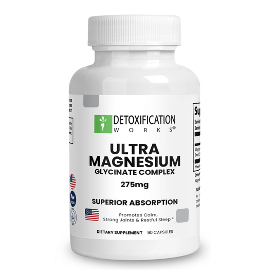 Supplement bottle labeled 'Ultra Magnesium Glycinate Complex' by Detoxification Works on a white background.