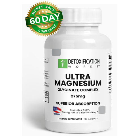 Supplement bottle labeled 'Ultra Magnesium Glycinate Complex' with a 60-day money-back guarantee badge on a white background.