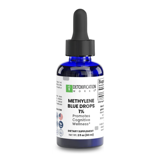 Bottle of Methylene Blue Drops with a dropper on a white background