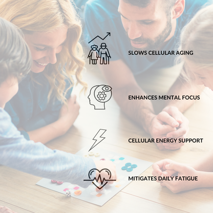 Group of people sitting together with icons and text about health benefits.