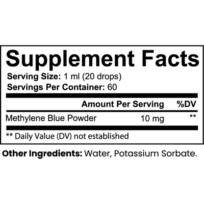 Supplement facts label for a product with Methylene Blue Powder and water as ingredients.
