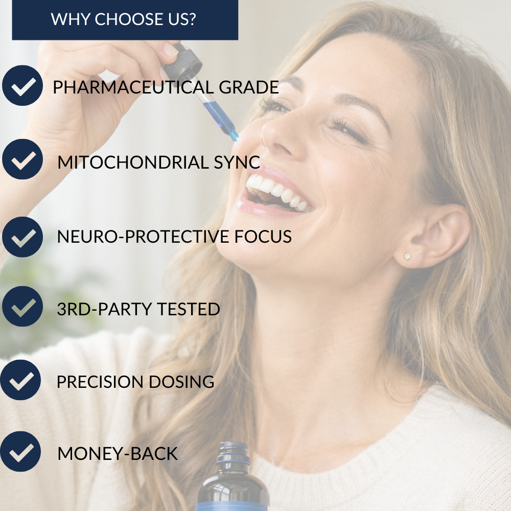 Woman using a supplement bottle with text highlighting product features.