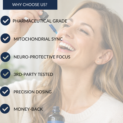 Woman using a supplement bottle with text highlighting product features.