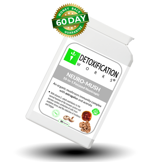 Neuro Mush mushroom supplement by Detoxification Works 10 in 1 nootropic immune support capsules
Detoxification Works mushroom complex supplement with astragalus and acerola vegan capsules
Vegan mushroom nootropic supplement Neuro Mush by Detoxification Works bottle image