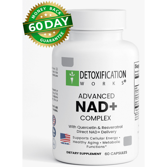 Supplement bottle labeled 'Detoxification Works Advanced NAD+ Complex' with a money-back guarantee badge on a white background.