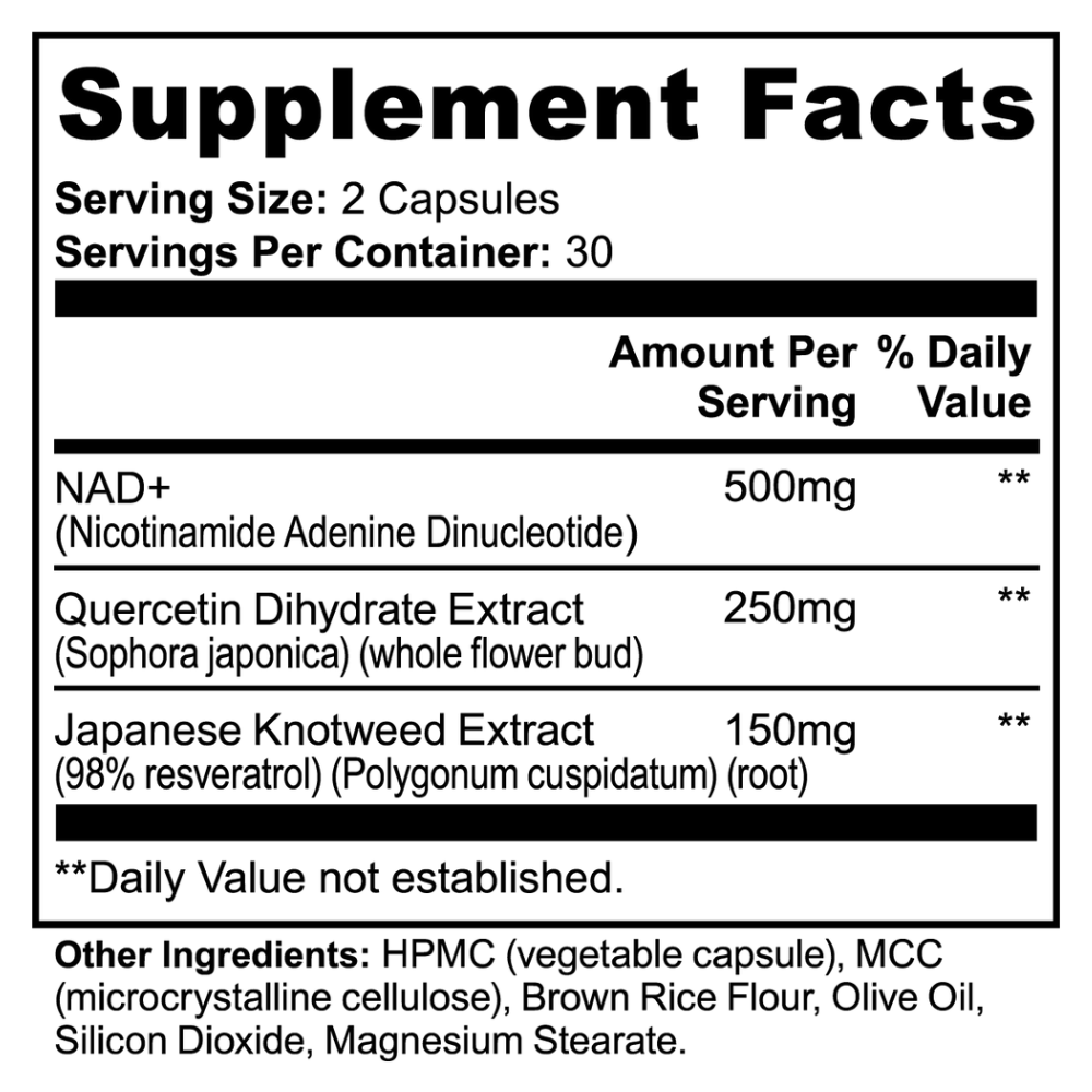 Supplement facts label with ingredients and dosages on a white background
