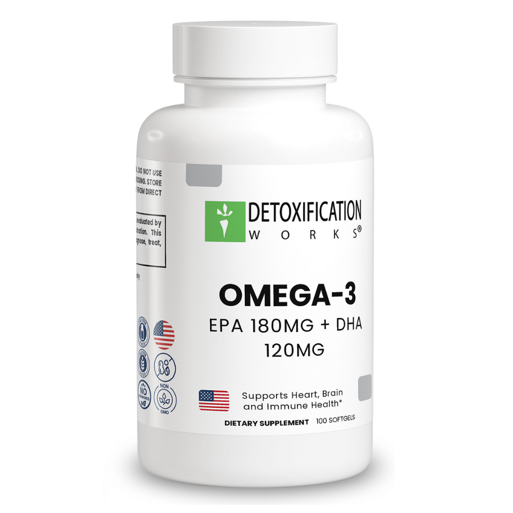 Omega-3 supplement bottle with 'Detoxification Works' label on a white background