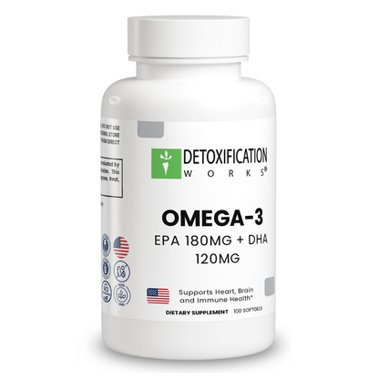 Omega-3 supplement bottle with 'Detoxification Works' label on a white background