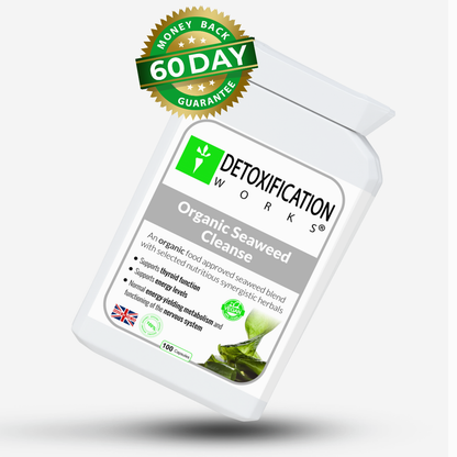 Detoxification Works Organic Seaweed Cleanse packaging with a money-back guarantee badge on a white background