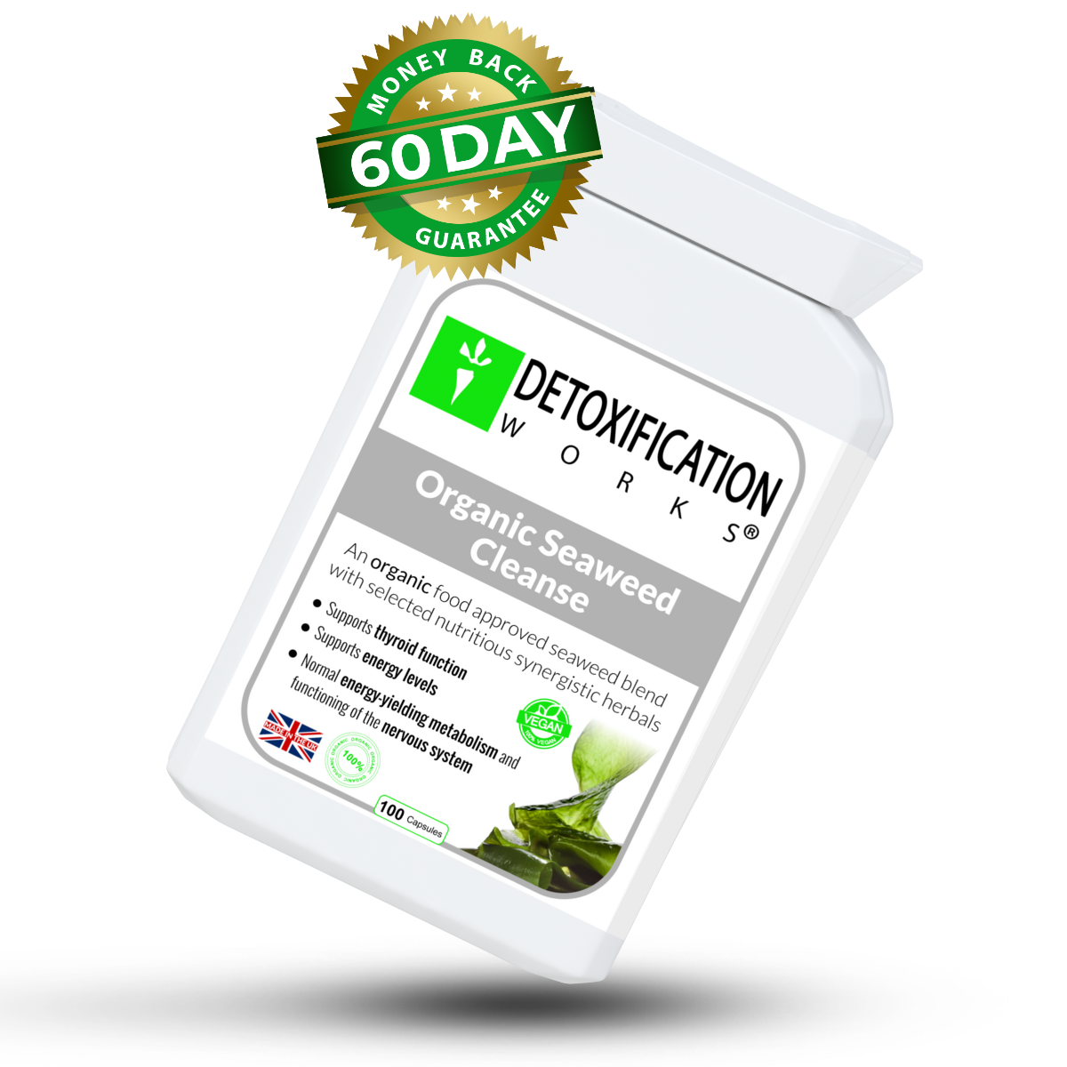 Detoxification Works Organic Seaweed Cleanse packaging with a money-back guarantee badge on a white background