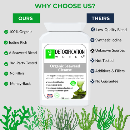Comparison chart of Detoxification Works' organic seaweed cleanse with alternatives on a light gray background.