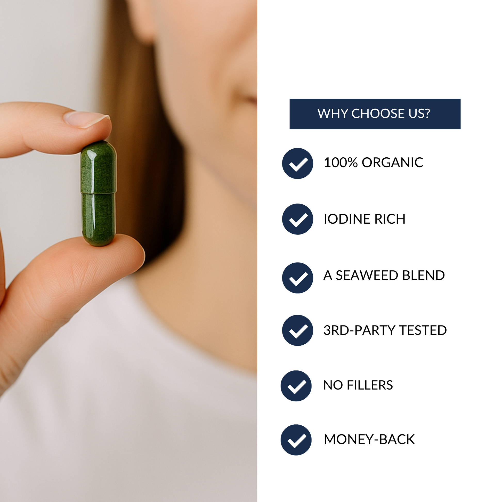Person holding a green capsule with product features listed on the right
