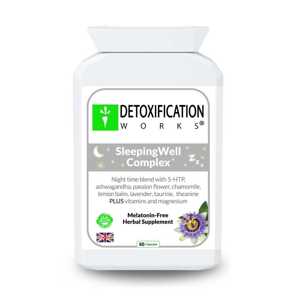 Supplement bottle labeled 'Detoxification Works Sleeping Well Complex' on a white background