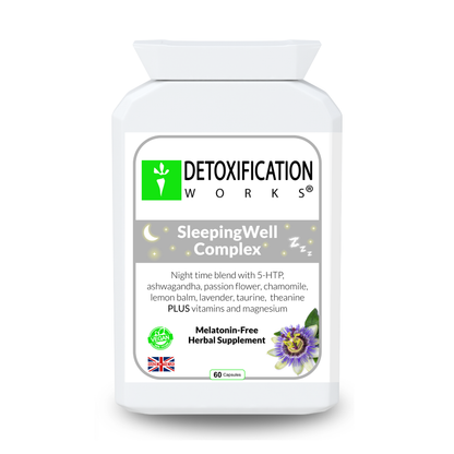 Supplement bottle labeled 'Detoxification Works Sleeping Well Complex' on a white background