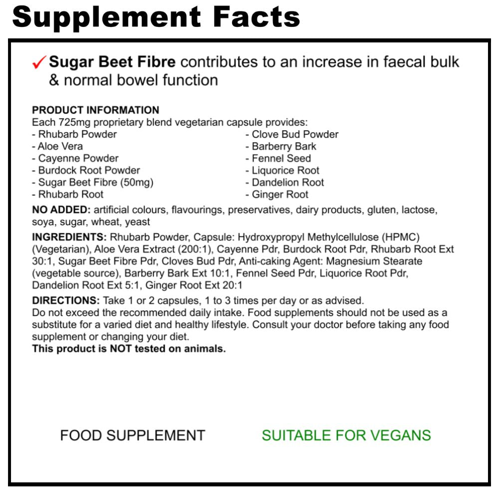 Supplement facts label for a product containing Sugar Beet Fibre with detailed information on ingredients and usage.