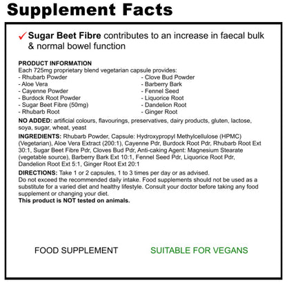 Supplement facts label for a product containing Sugar Beet Fibre with detailed information on ingredients and usage.