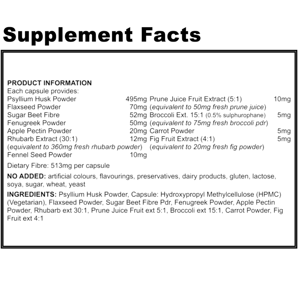Supplement facts label with detailed nutritional information on a white background