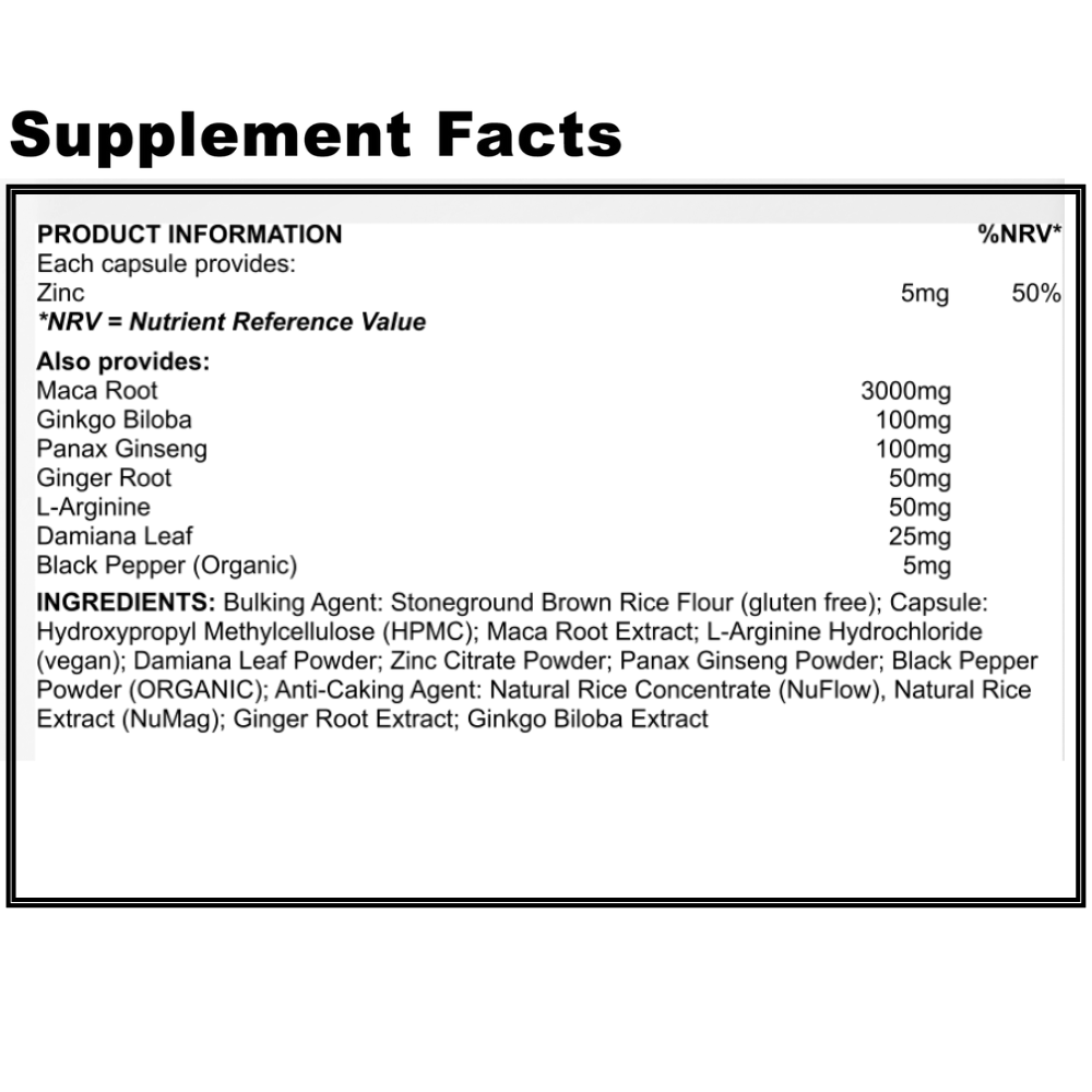 Supplement facts label with detailed nutritional information and ingredients on a white background.