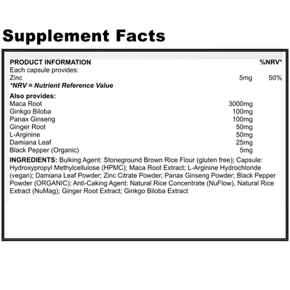Supplement facts label with detailed nutritional information and ingredients on a white background.