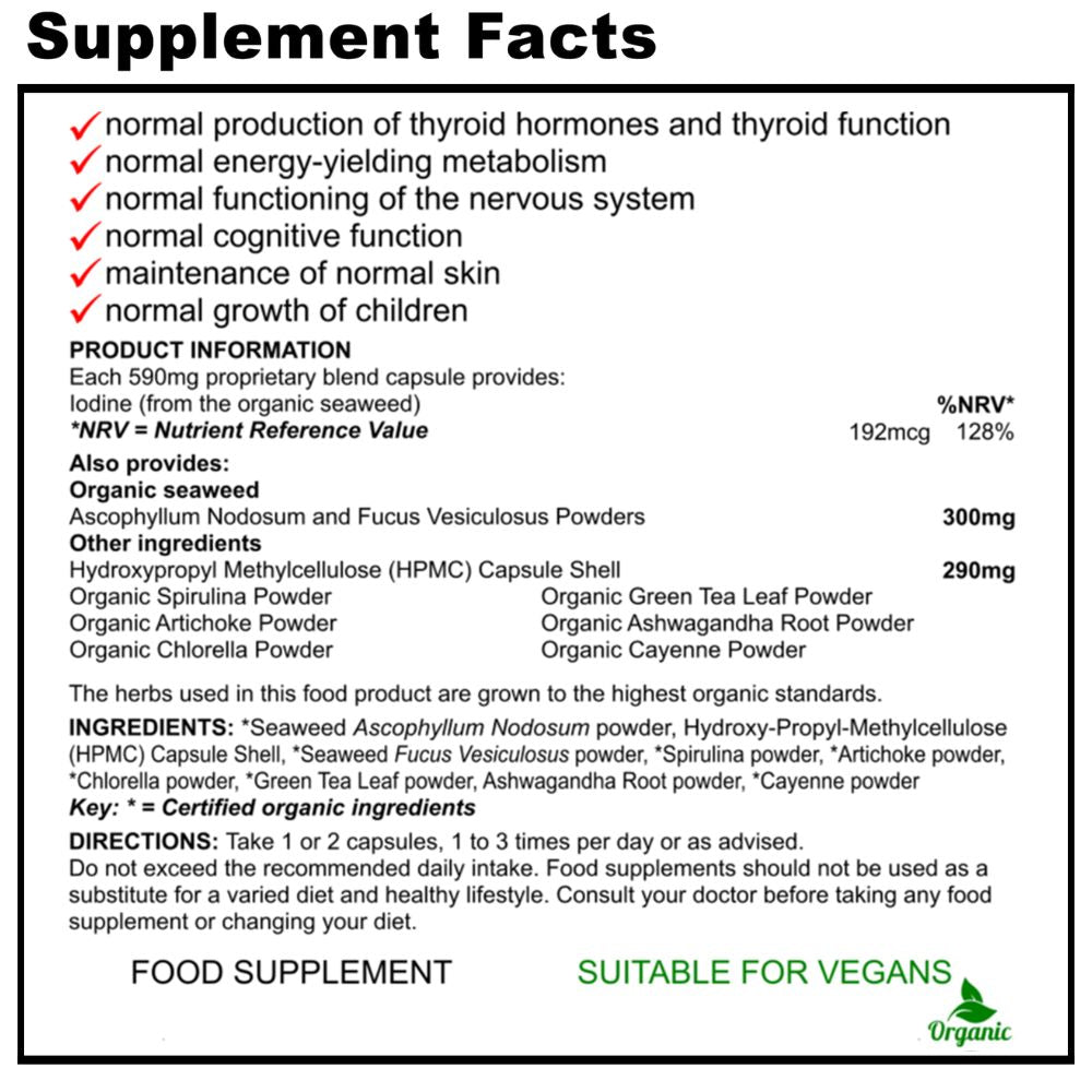 Supplement facts label for Organic Seaweed Cleanse showing natural iodine levels and 70+ ancient sea minerals for thyroid and metabolism support.