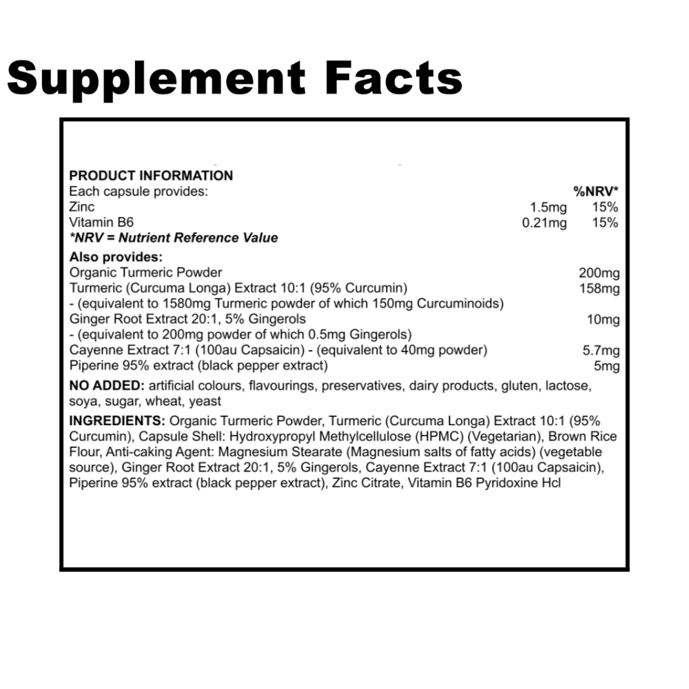 Supplement facts label with product information and ingredient list on a white background