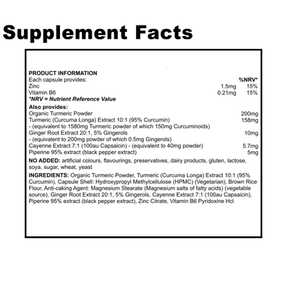 Supplement facts label with product information and ingredient list on a white background