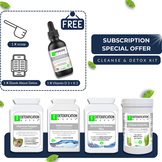 Detoxification kit with supplements and a dropper bottle on a white background