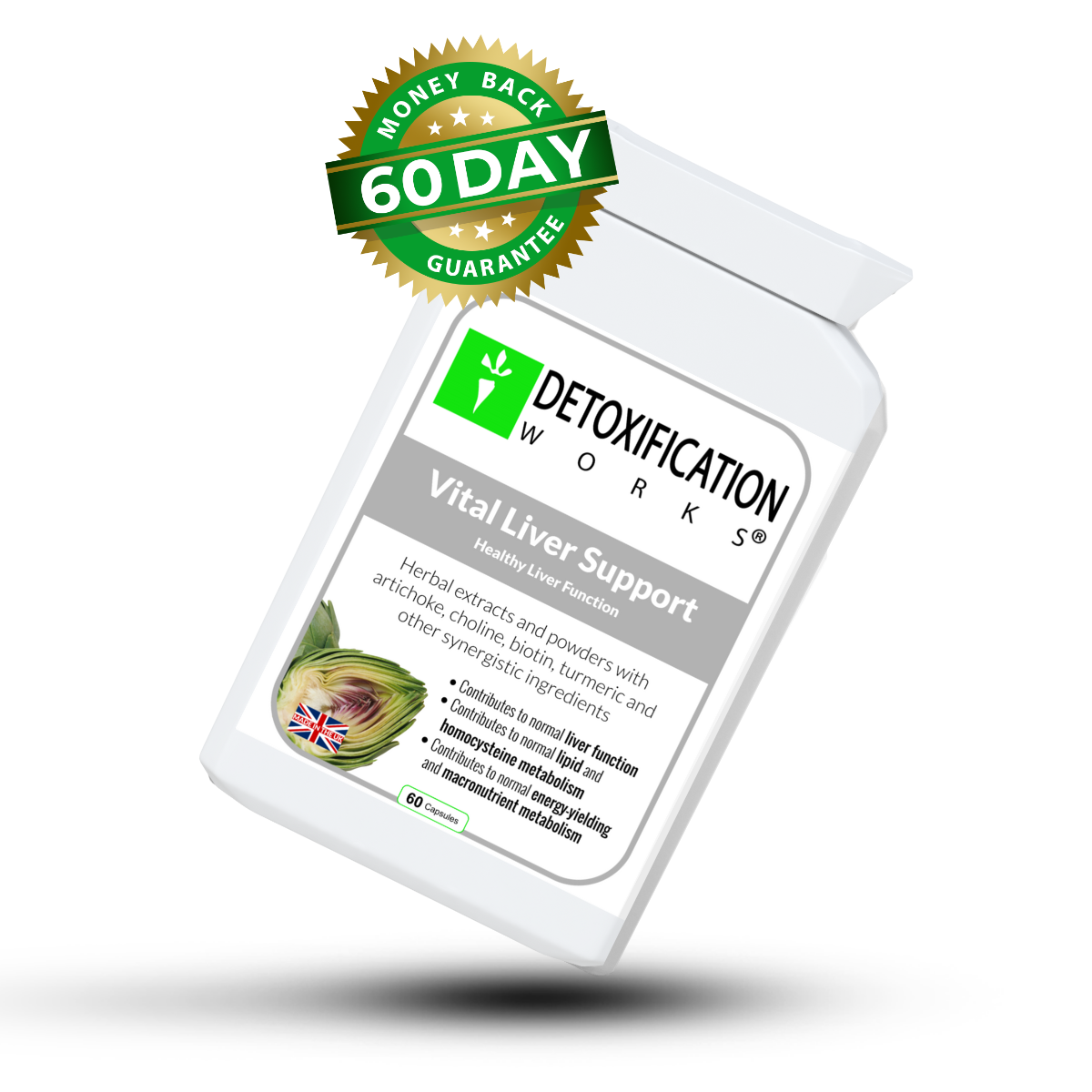 Detoxification Works supplement bottle with a 60-day guarantee badge on a white background