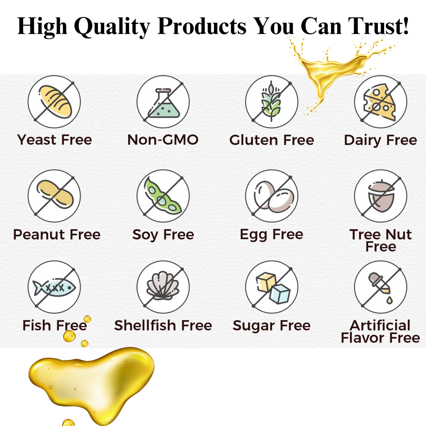 List of food allergy-free icons with product droplets on a white background